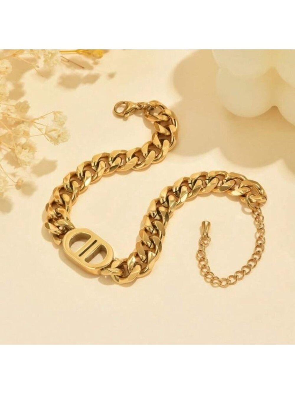Gold Plated Stainless Steel Cuban Link Bracelet with Logo Detail